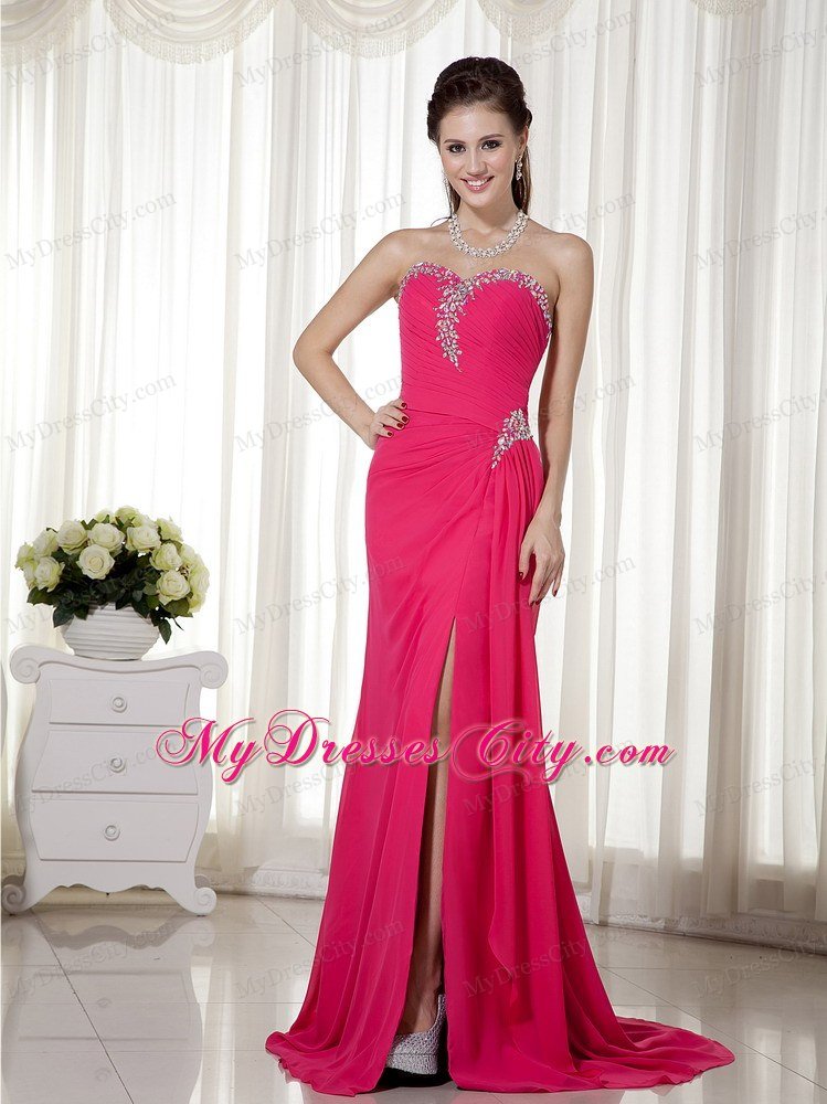 High Slit Sweetheart Beaded Chiffon Ruched Hot Pink Prom Formal Dress