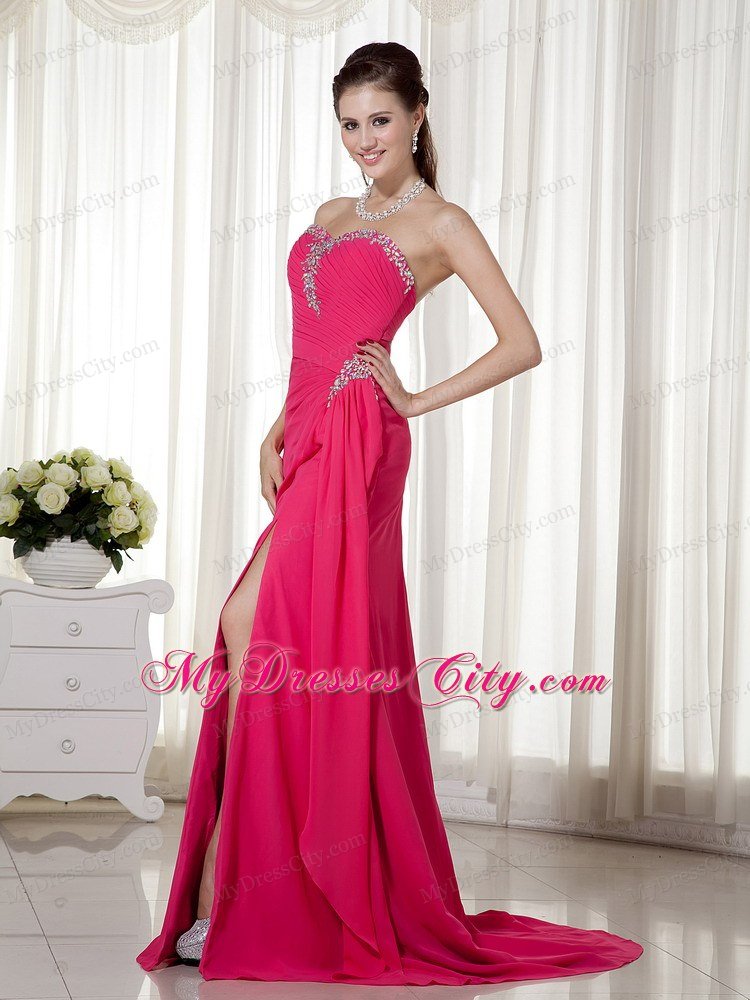 High Slit Sweetheart Beaded Chiffon Ruched Hot Pink Prom Formal Dress