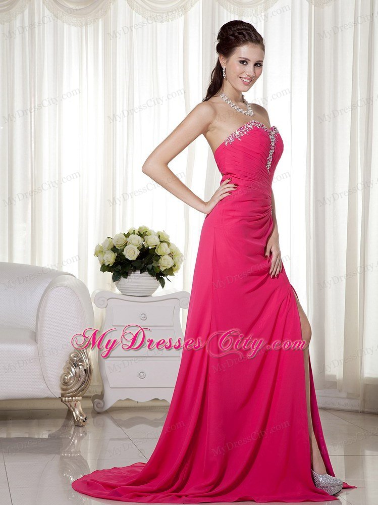 High Slit Sweetheart Beaded Chiffon Ruched Hot Pink Prom Formal Dress