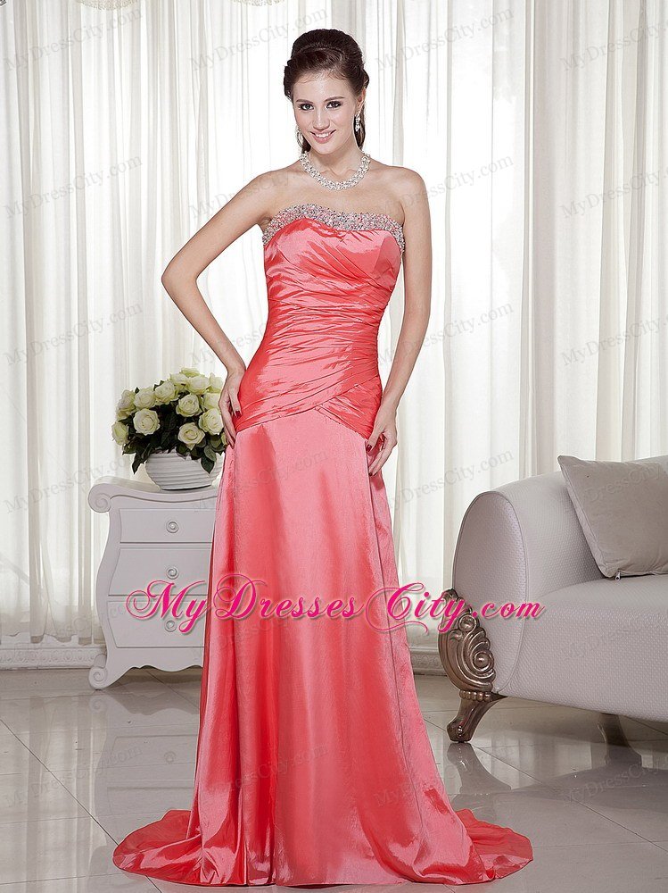 Elegant Beaded Strapless Ruching Brush Train Watermelon Prom Dress