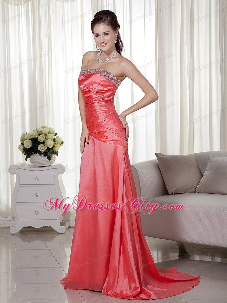 Elegant Beaded Strapless Ruching Brush Train Watermelon Prom Dress