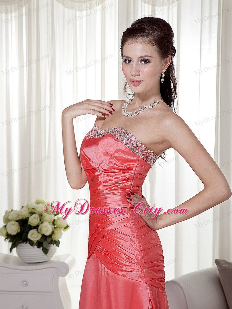 Elegant Beaded Strapless Ruching Brush Train Watermelon Prom Dress