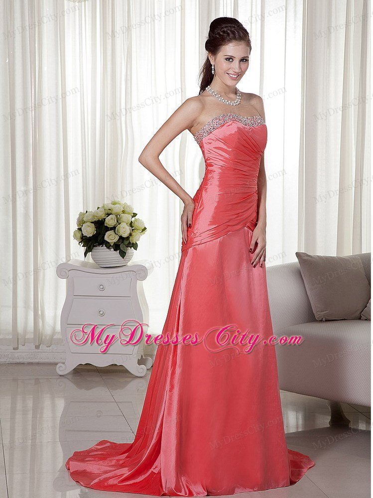 Elegant Beaded Strapless Ruching Brush Train Watermelon Prom Dress