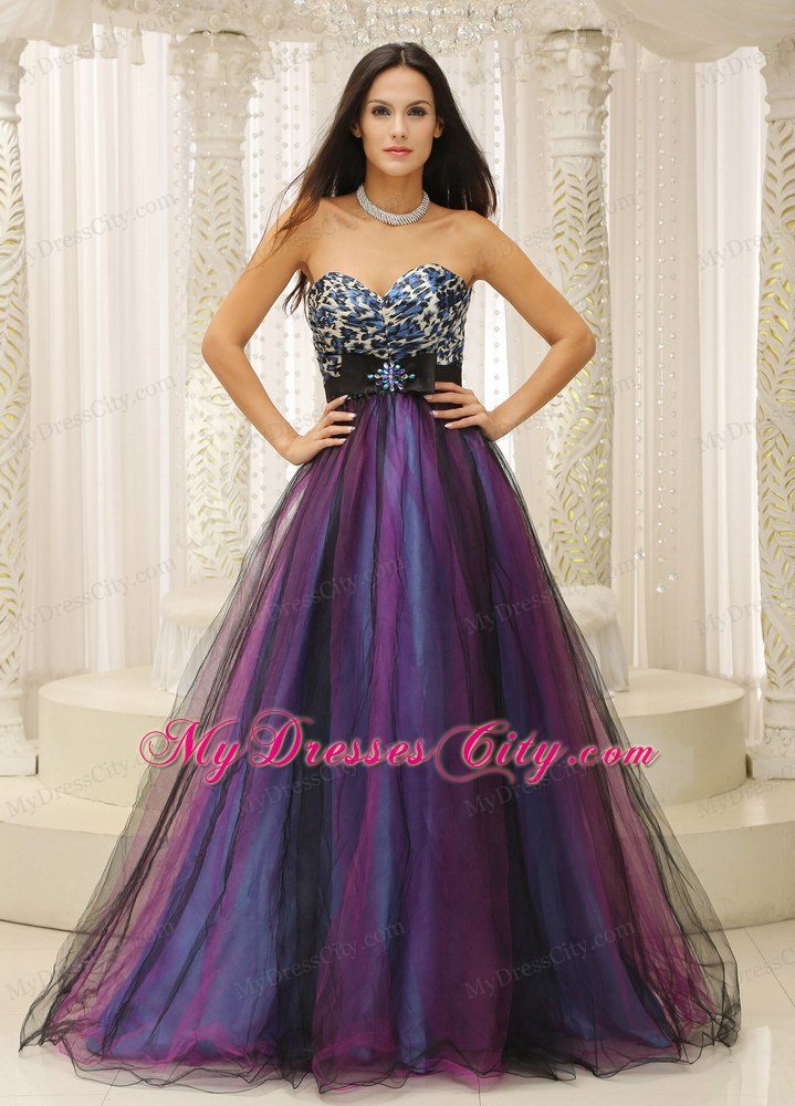 Colorful Tulle Sweetheart Leopard Prom Gowns with Brooch Belt