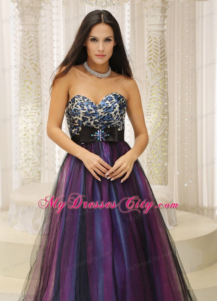 Colorful Tulle Sweetheart Leopard Prom Gowns with Brooch Belt