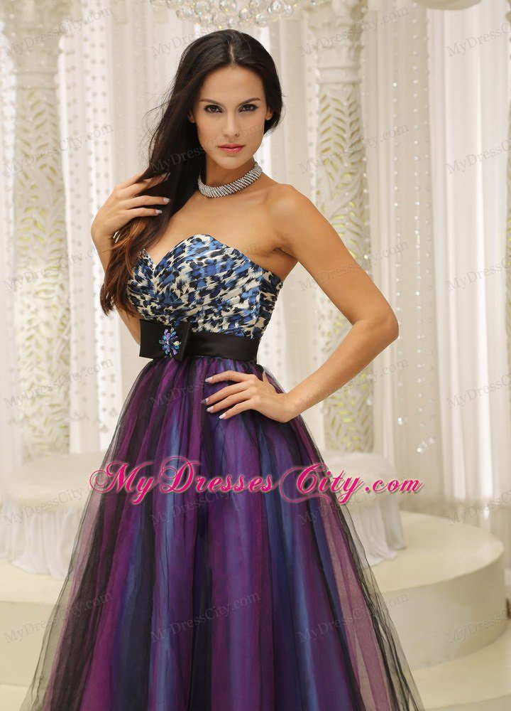 Colorful Tulle Sweetheart Leopard Prom Gowns with Brooch Belt