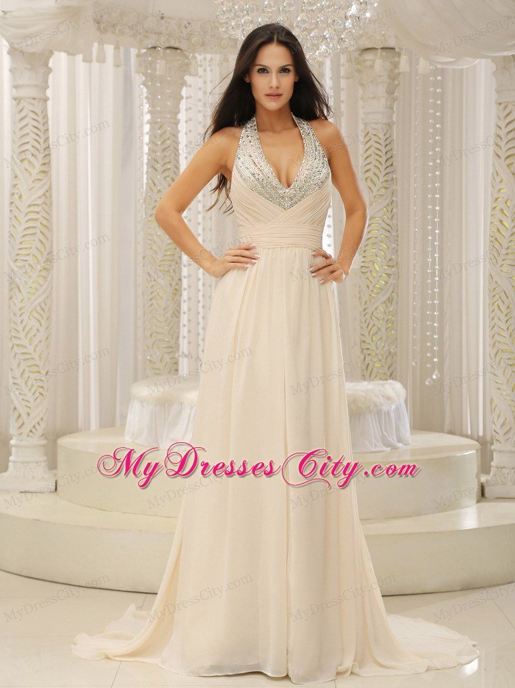 Ruching Halter Top Beaded Brush Train Chiffon Prom Dresses 2013