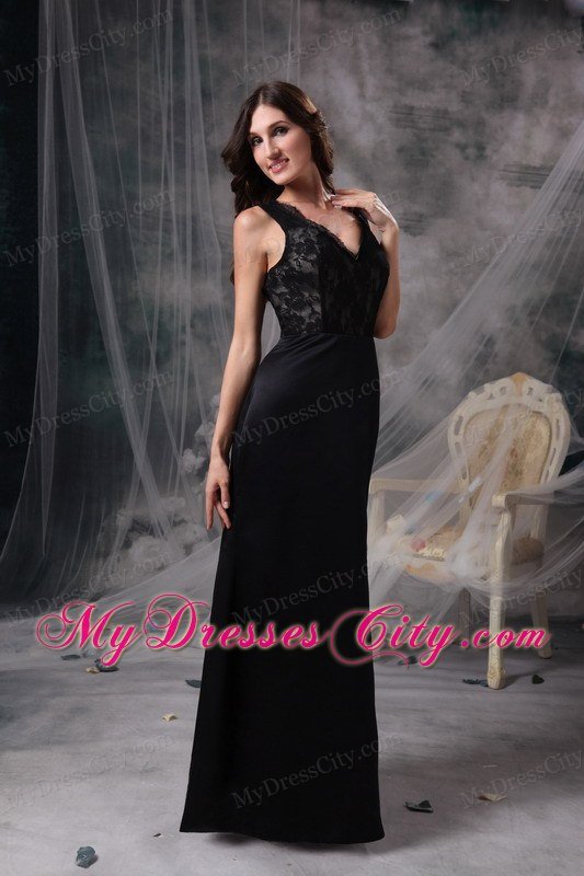 Cheap Lace Column V-neck Elegant Black Prom Dresses for Women