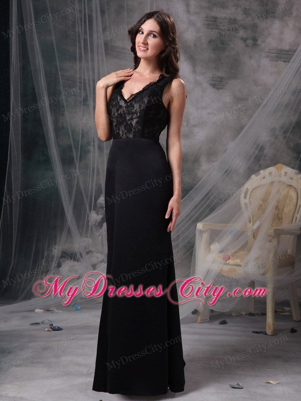 Cheap Lace Column V-neck Elegant Black Prom Dresses for Women