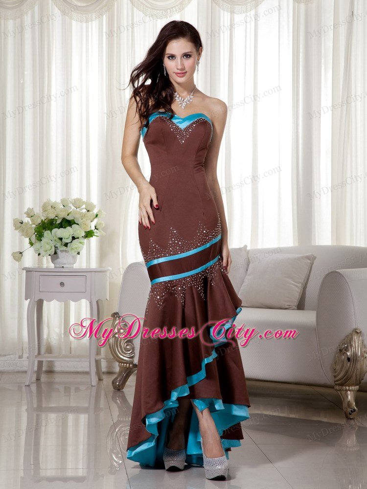 Mermaid Sweetheart Beaded Brown High-low Prom Dress with Blue hem