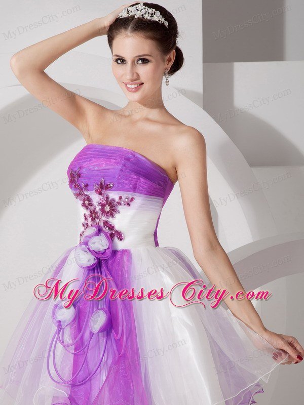 Flowers Appliqued Strapless Organza Lavender and White Prom Dresses