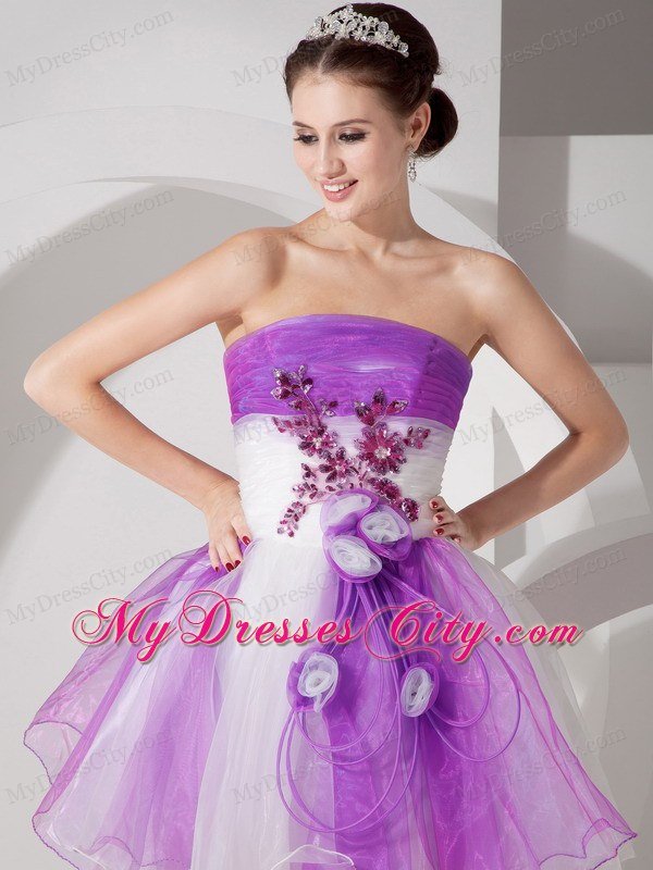 Flowers Appliqued Strapless Organza Lavender and White Prom Dresses