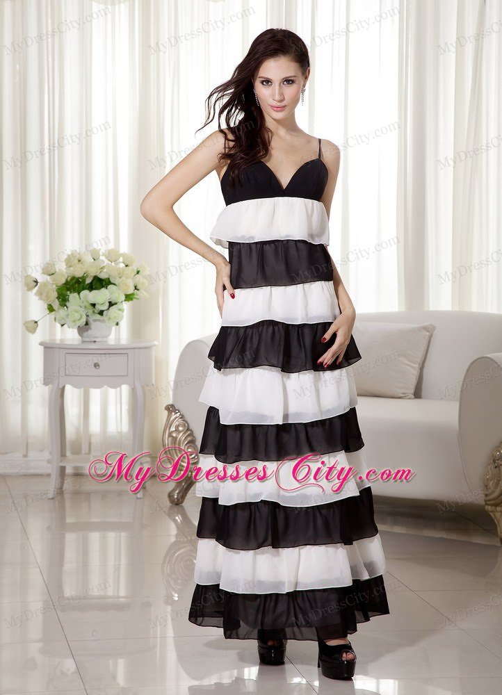 Empire Spaghetti Straps Ankle-length White and Black Prom Dresses