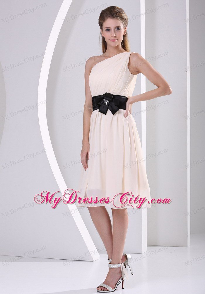 Champagne One Shoulder Prom Dresses With Black Brooch Belt