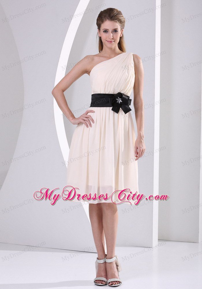 Champagne One Shoulder Prom Dresses With Black Brooch Belt