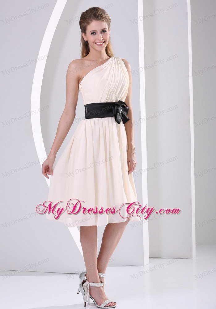 Champagne One Shoulder Prom Dresses With Black Brooch Belt