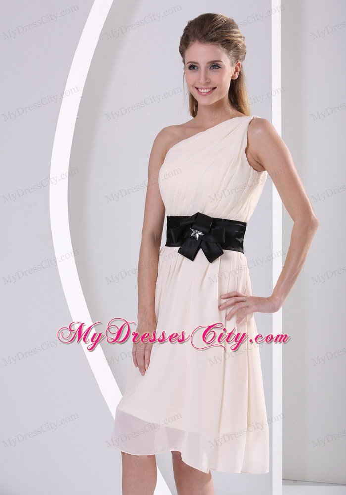 Champagne One Shoulder Prom Dresses With Black Brooch Belt