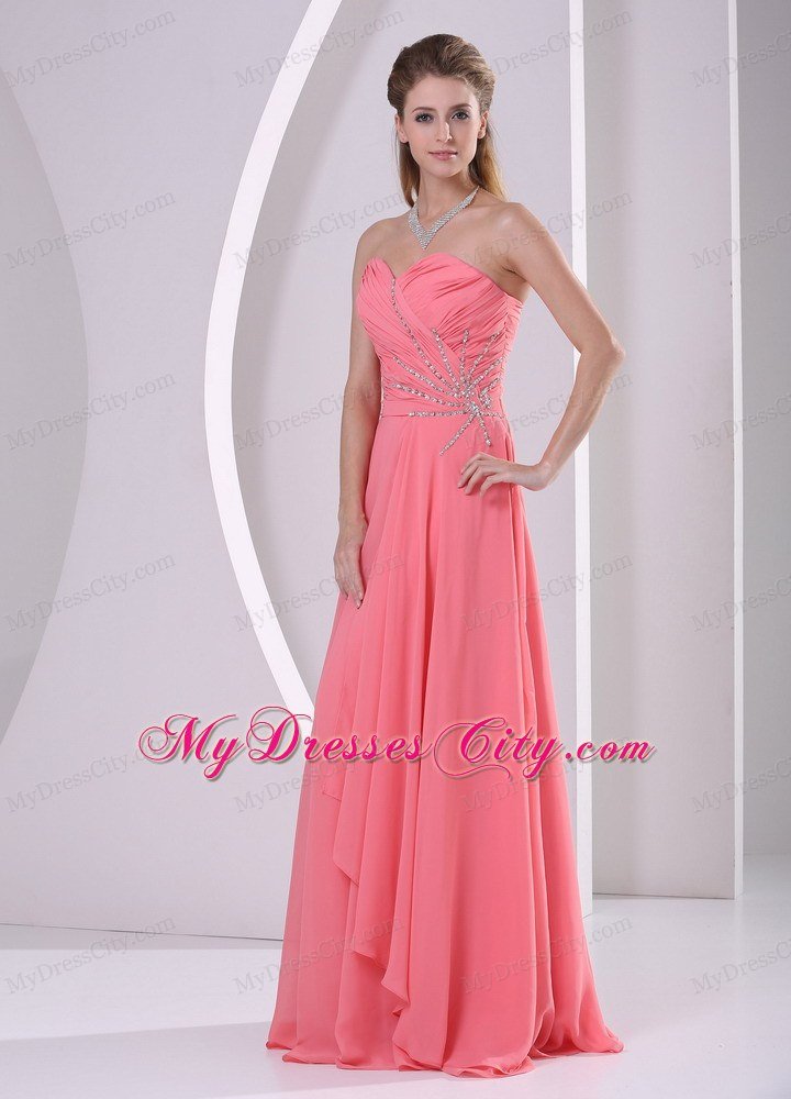 Sweetheart Ruching Beaded Chiffon Watermelon Prom Dresses