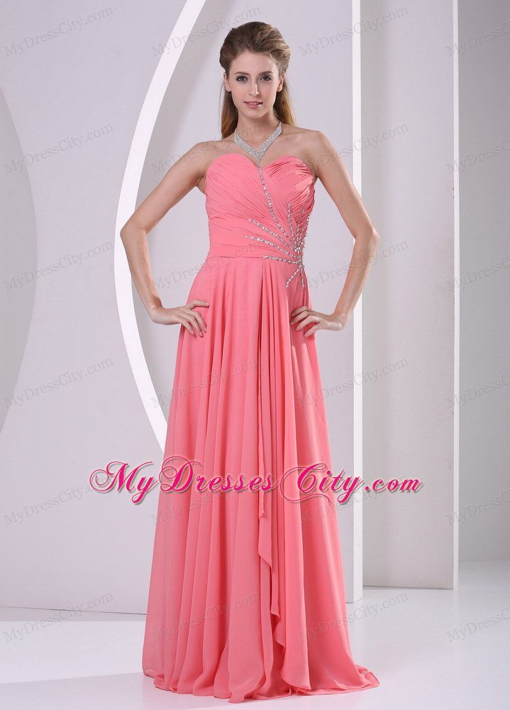 Sweetheart Ruching Beaded Chiffon Watermelon Prom Dresses