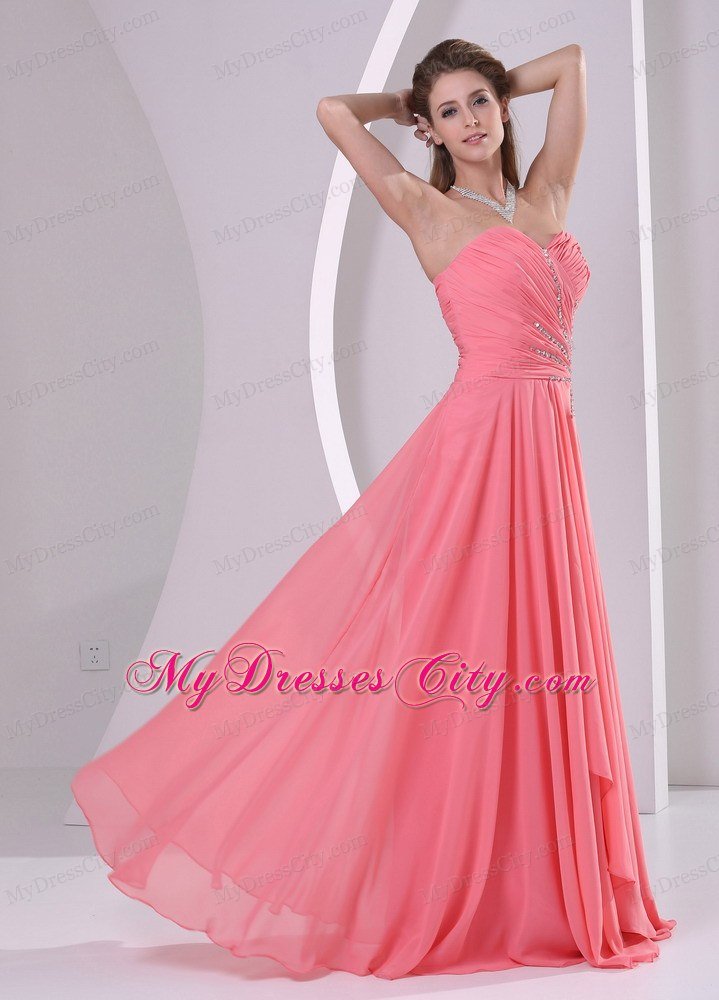 Sweetheart Ruching Beaded Chiffon Watermelon Prom Dresses