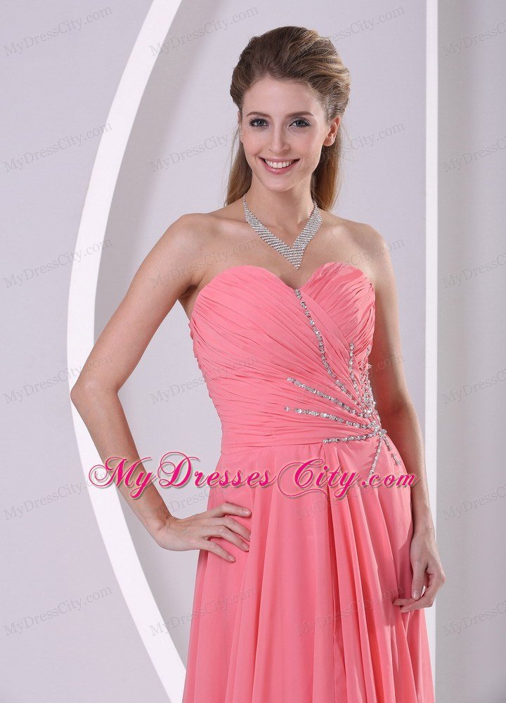 Sweetheart Ruching Beaded Chiffon Watermelon Prom Dresses