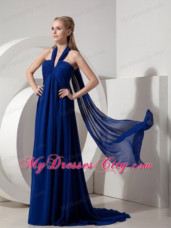 Empire Halter top Watteau Train Navy Blue Chiffon Prom Dresses