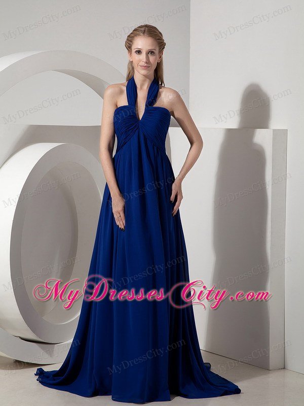 Empire Halter top Watteau Train Navy Blue Chiffon Prom Dresses