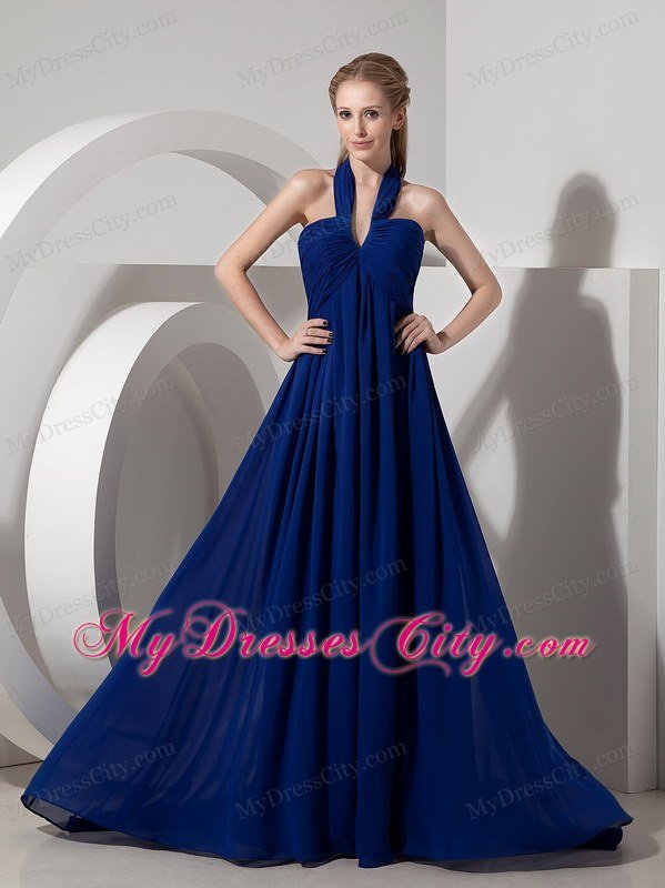 Empire Halter top Watteau Train Navy Blue Chiffon Prom Dresses