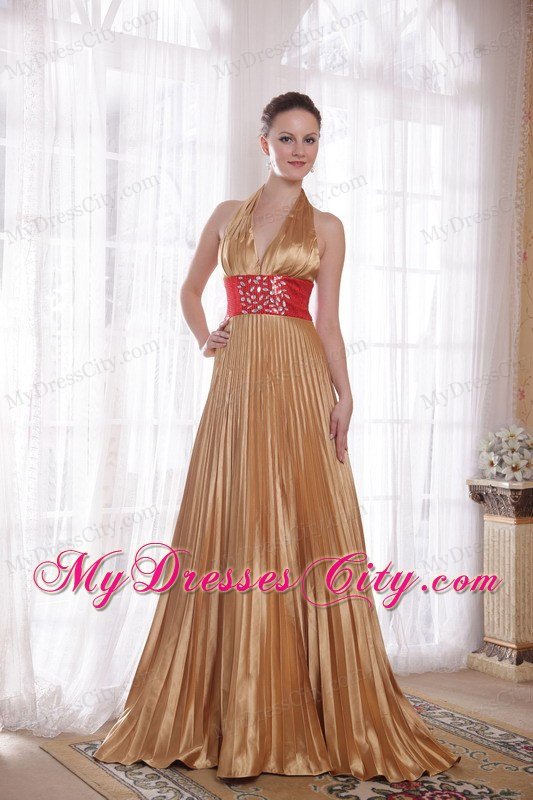 Popular Gold Empire Halter Prom Dress with Rhinestones and Sequins