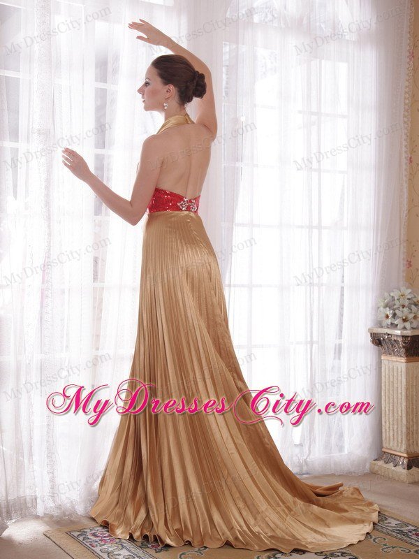 Popular Gold Empire Halter Prom Dress with Rhinestones and Sequins