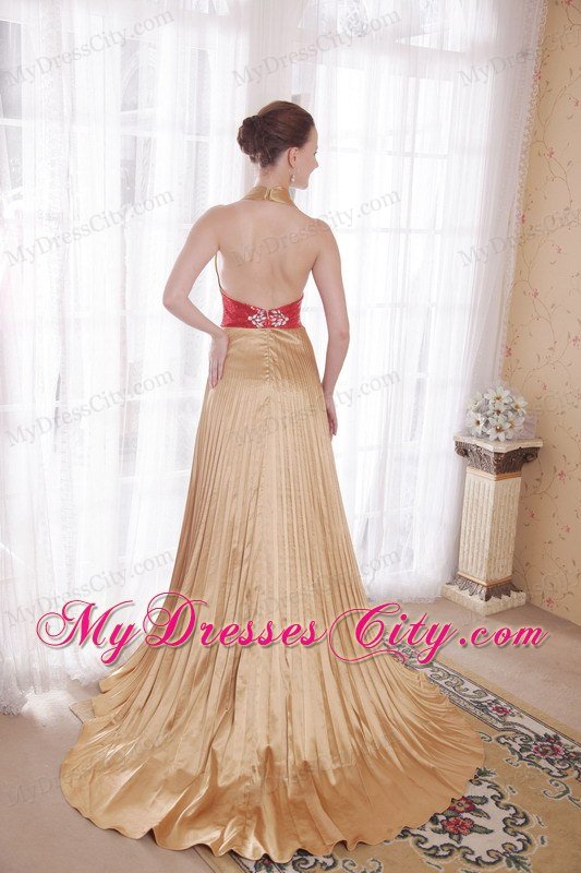 Popular Gold Empire Halter Prom Dress with Rhinestones and Sequins