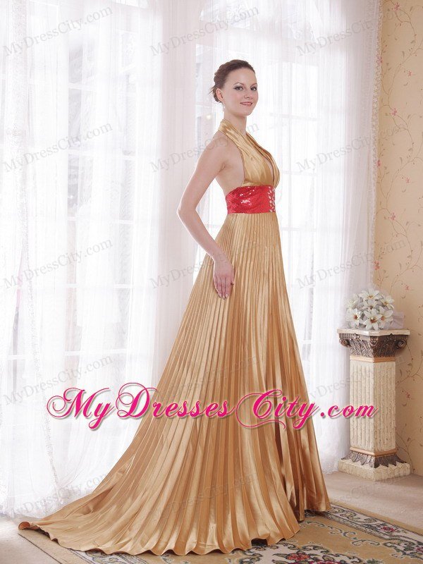 Popular Gold Empire Halter Prom Dress with Rhinestones and Sequins