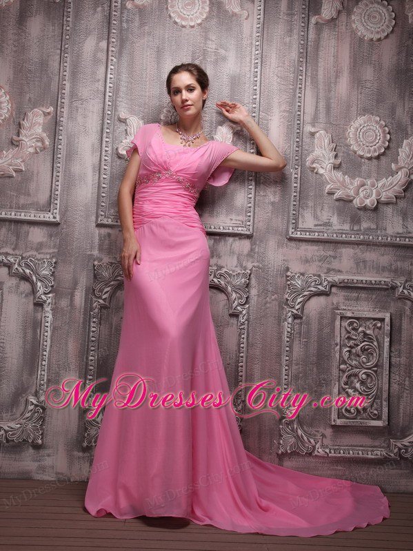 Ruching Scoop Beaded Rose Pink Prom Dresses with Cap Sleeves