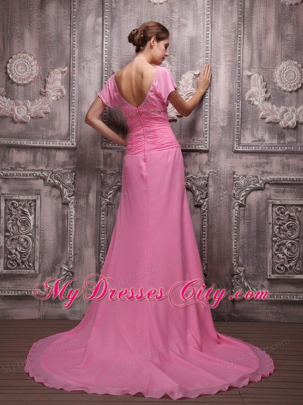 Ruching Scoop Beaded Rose Pink Prom Dresses with Cap Sleeves