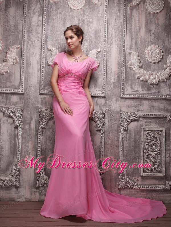 Ruching Scoop Beaded Rose Pink Prom Dresses with Cap Sleeves