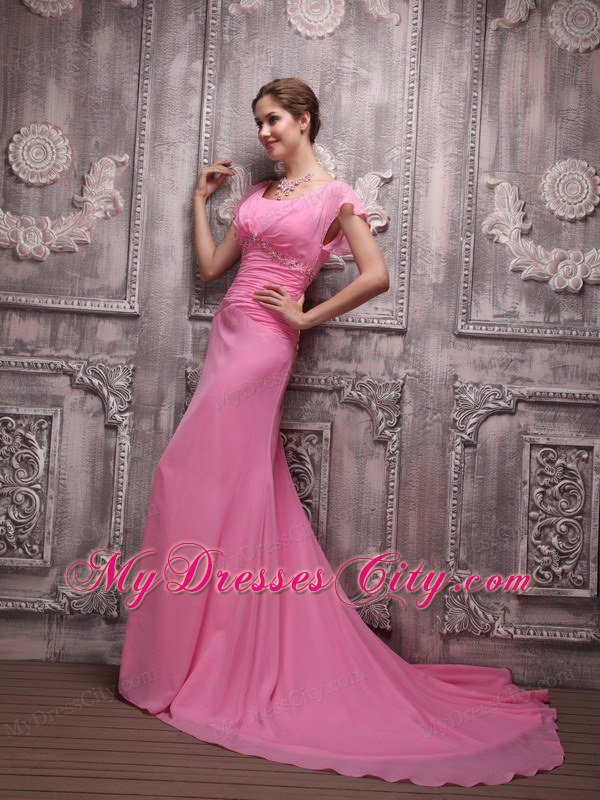 Ruching Scoop Beaded Rose Pink Prom Dresses with Cap Sleeves