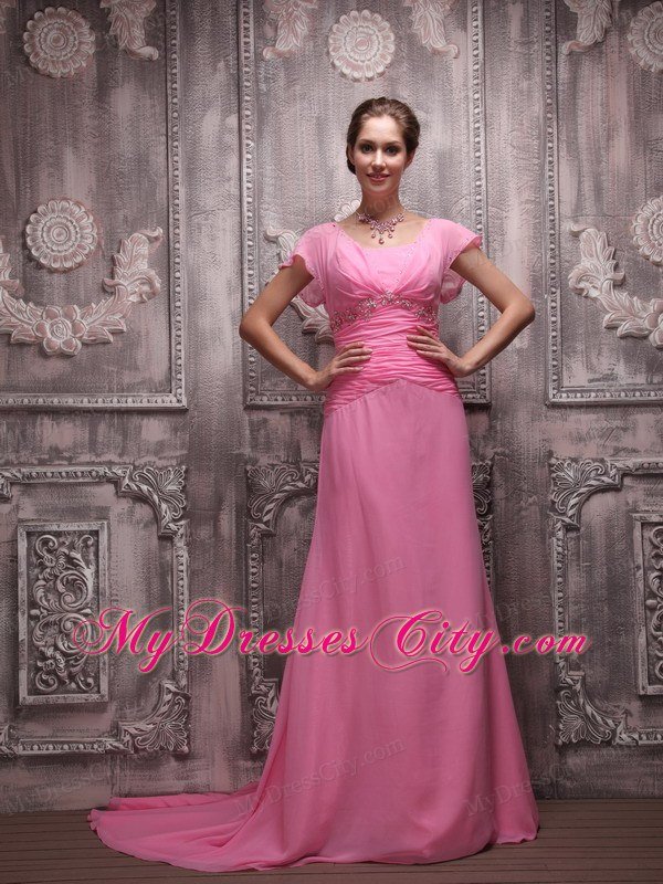 Ruching Scoop Beaded Rose Pink Prom Dresses with Cap Sleeves