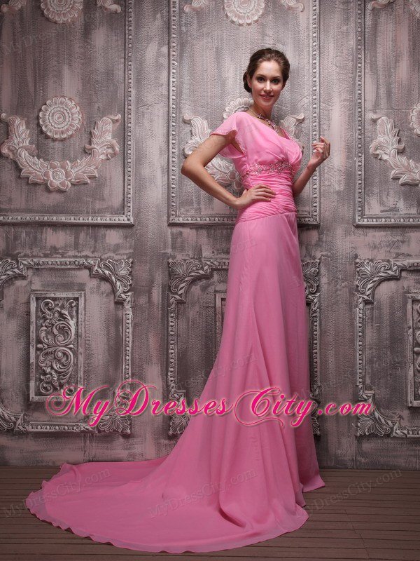 Ruching Scoop Beaded Rose Pink Prom Dresses with Cap Sleeves