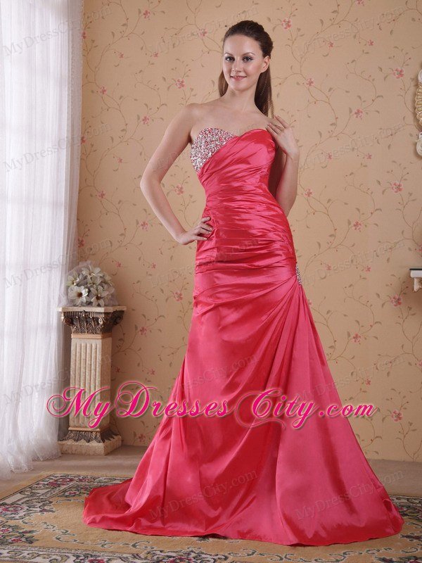 Coral Red Ruching Sweetheart Beaded Prom Gowns for Women