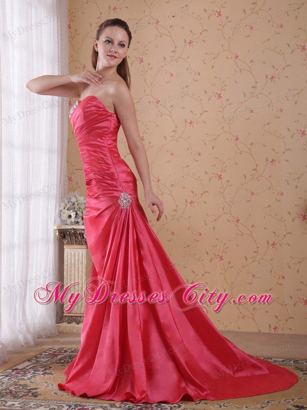 Coral Red Ruching Sweetheart Beaded Prom Gowns for Women