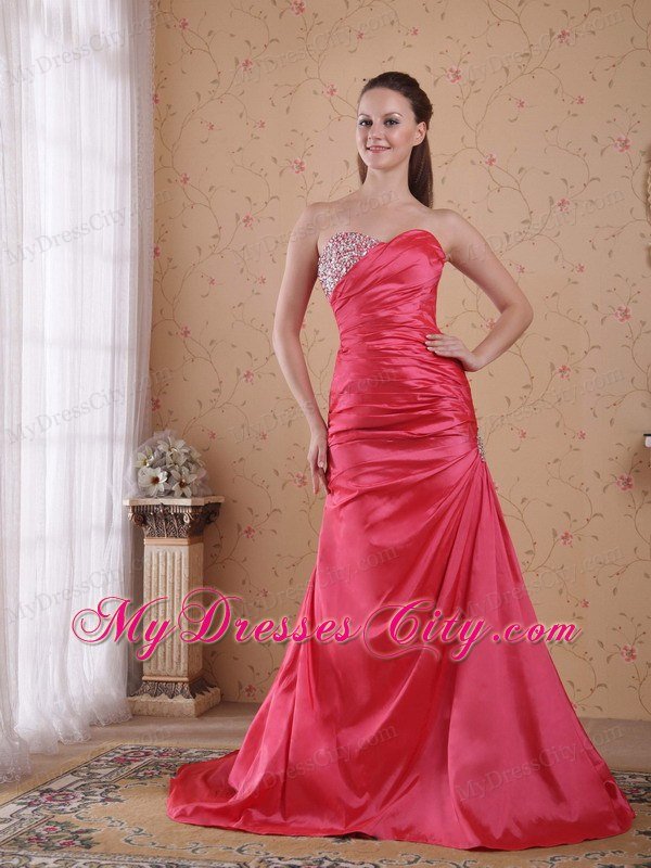 Coral Red Ruching Sweetheart Beaded Prom Gowns for Women