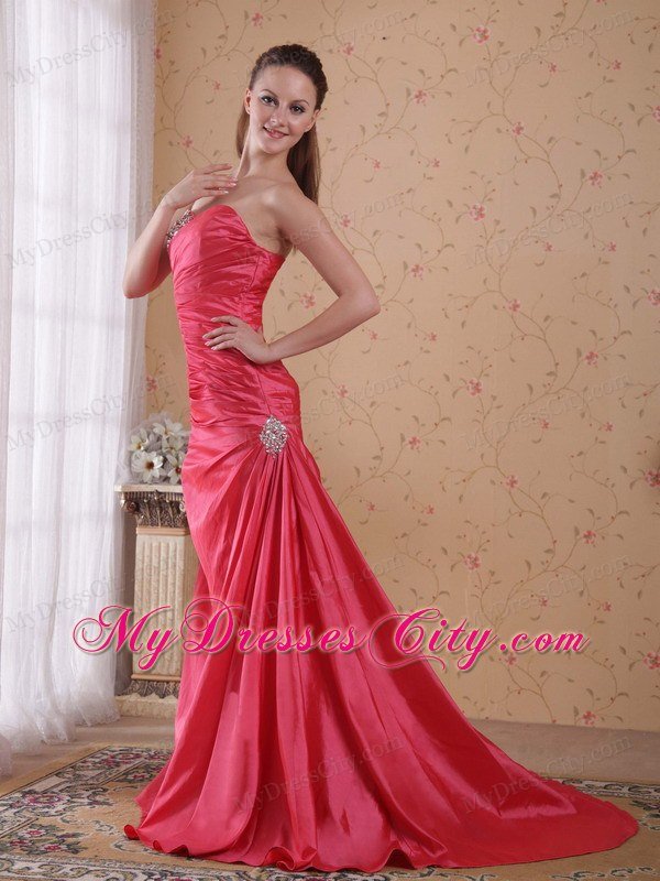 Coral Red Ruching Sweetheart Beaded Prom Gowns for Women