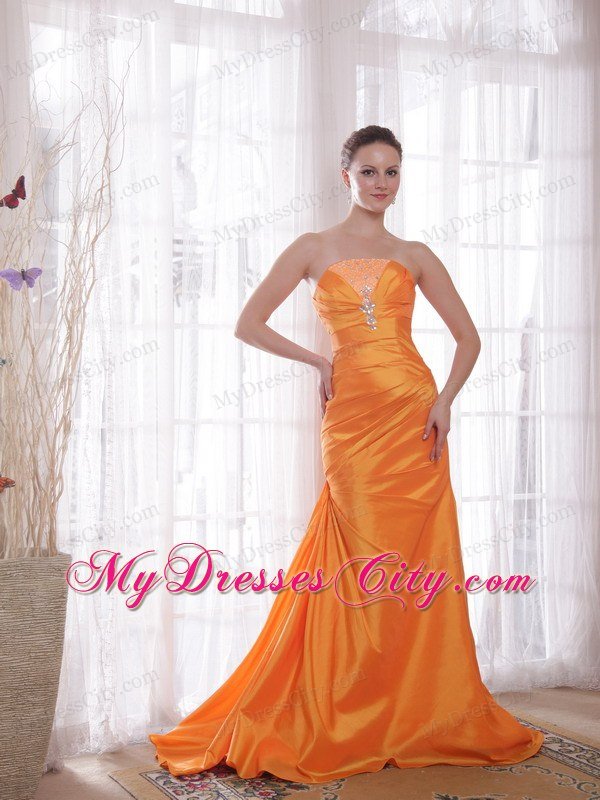 Beaded Strapless Ruching Brush Train Orange Prom Dresses