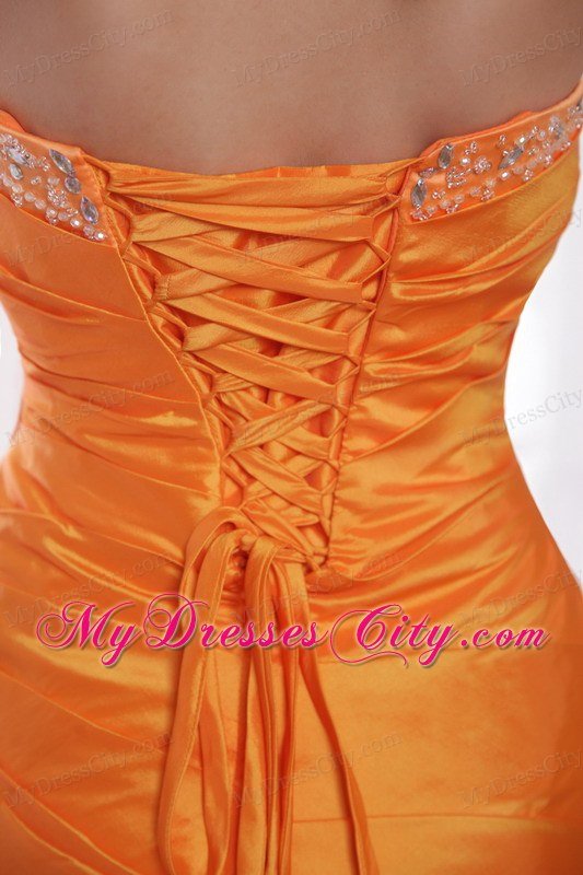 Beaded Strapless Ruching Brush Train Orange Prom Dresses