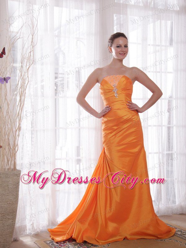 Beaded Strapless Ruching Brush Train Orange Prom Dresses