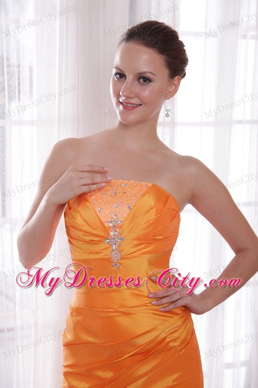 Beaded Strapless Ruching Brush Train Orange Prom Dresses