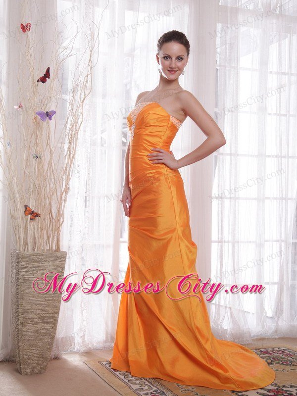 Beaded Strapless Ruching Brush Train Orange Prom Dresses