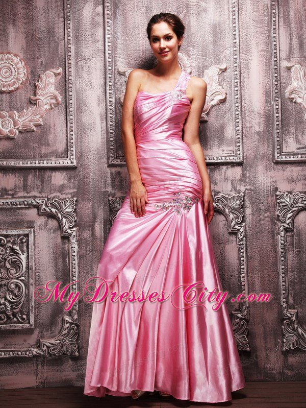 One Shoulder Ruching Beaded Rose Pink Prom Dresses for Women