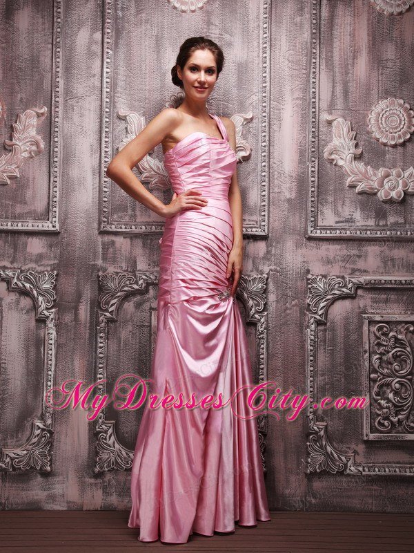 One Shoulder Ruching Beaded Rose Pink Prom Dresses for Women