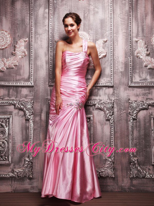 One Shoulder Ruching Beaded Rose Pink Prom Dresses for Women